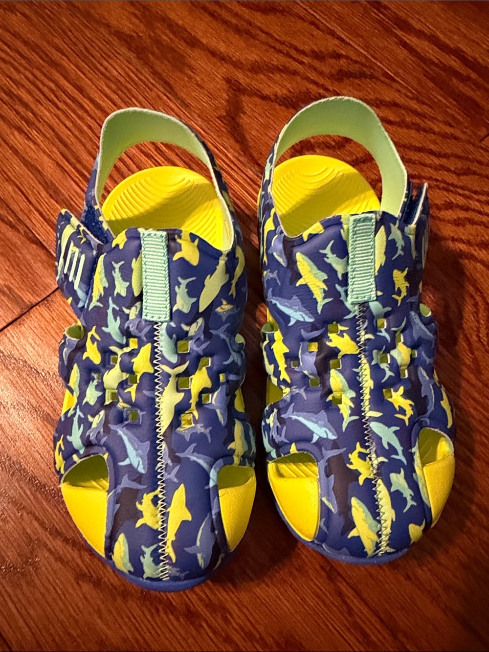 wonder nation Navy Blue Shark Print Sandals with Yellow Accents